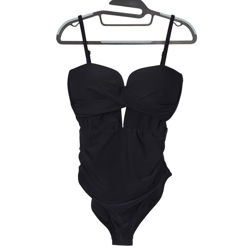 POPVIL Black Twist Front Cutout One Piece Swimsuit Ruched Monokini Small NWT